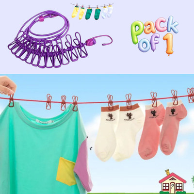 Jantrex Stretchable Clothes Drying Rope with 12 Clips for Fast Laundry Drying Nylon Retractable Clothesline(2 m)