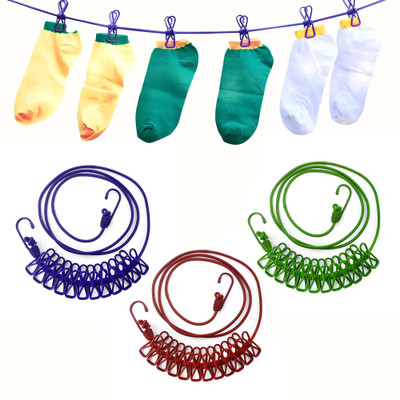 ZURU BUNCH Portable Travel Clothesline with 12 Clips Stretchy Non-slip Drying Rope Camping Polypropylene, Iron Retractable Clothesline(1.8 m)