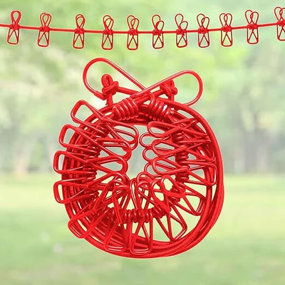 MVJ Cloth-Drying Rope with Hooks Elastic Cloth Hanging 12 Clips Plastic Iron Retractable Clothesline(10 m)