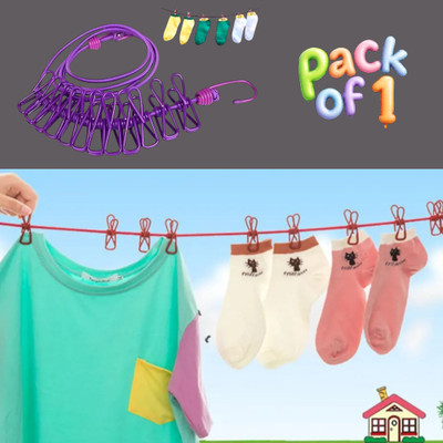 Jantrex Portable Laundry Drying Rope with 12 Attached Clips for Small Clothes Nylon Retractable Clothesline(2 m)