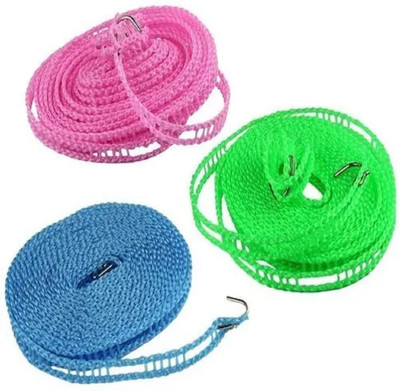 Clivemont 5 Meters Windproof Anti-Slip Clothes Drying Rope with Hooks( Pack of 3) Nylon Retractable Clothesline(5 m)