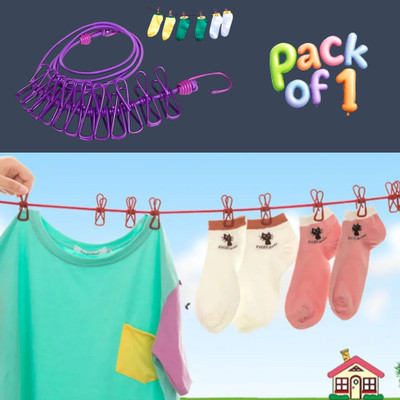 Jantrex Foldable Stretchable Clothesline Rope with 12 Clips for Easy Air Drying Nylon Retractable Clothesline(2 m)