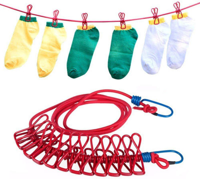 RedHooS Clothesline Elastic Washing Line Windproof Rope with 12 Wire Clips for Balcony Nylon Cloth Clips(Red)
