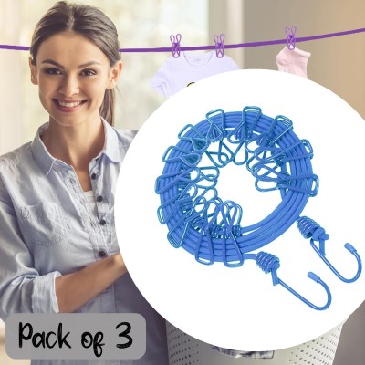 ZURU BUNCH Unique Multi-Functional Cloth Hanging Drying Rope, Hooks with 12 Clips (3 Rope) Nylon Retractable Clothesline(1.8 m)