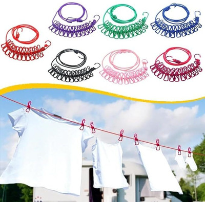 ODIN Elastic Cloth Hanging Rope for Cloth Drying with 12 Clips Cloth Rope Iron Cloth Clips(Multicolor)