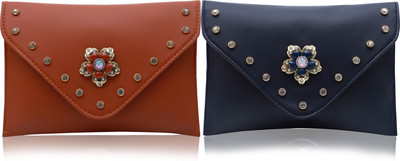 FLANKER Casual, Party Brown, Blue  Clutch(Pack of: 2)