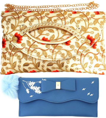 Mahabal Casual, Party, Formal Cream, Blue  Clutch(Pack of: 2)
