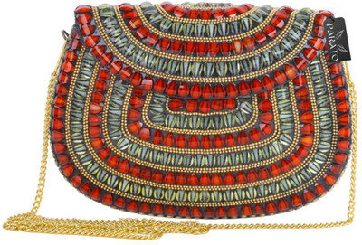 Parato Red Sling Bag Multicolor stones Red and Green Metal bag