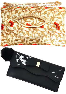 Mahabal Casual, Party, Formal Cream, Black  Clutch(Pack of: 2)