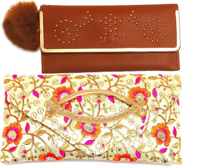 Mahabal Casual, Party, Formal Brown, Cream  Clutch(Pack of: 2)
