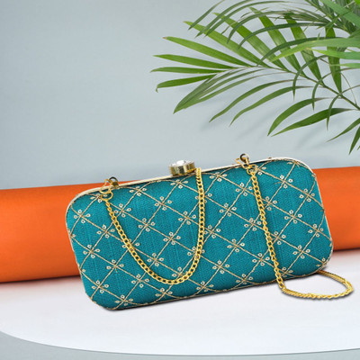 Tooba Handicraft Party Blue, Gold  Clutch