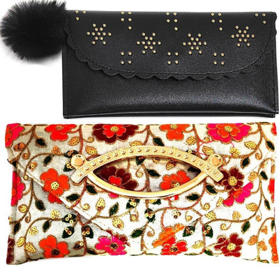 Mahabal Casual, Party, Formal Black, Cream  Clutch(Pack of: 2)