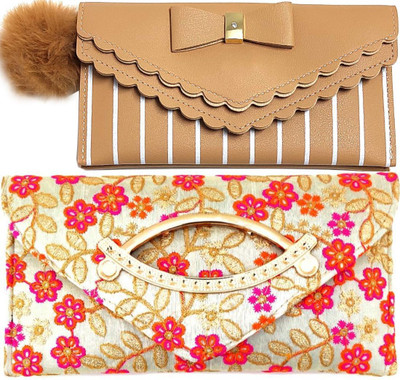 Mahabal Casual, Party, Formal Cream, Gold  Clutch(Pack of: 2)