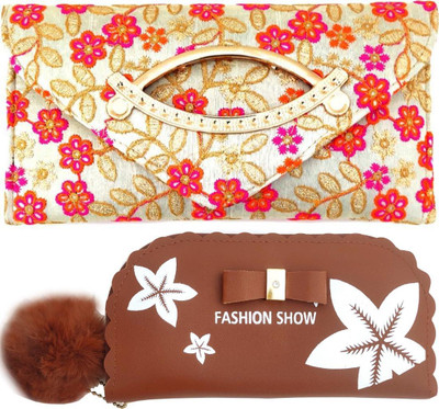 Mahabal Casual, Party, Formal Gold, Brown  Clutch(Pack of: 2)