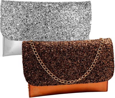 JIVON Casual, Formal, Party Silver, Brown  Clutch(Pack of: 2)