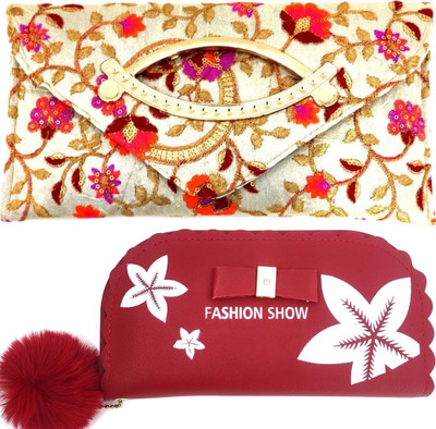 Mahabal Casual, Party, Formal Yellow, Maroon  Clutch(Pack of: 2)
