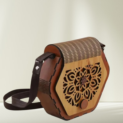 Vinayak Brown Sling Bag Ethnic Wooden Sling Bag with Floral Carving