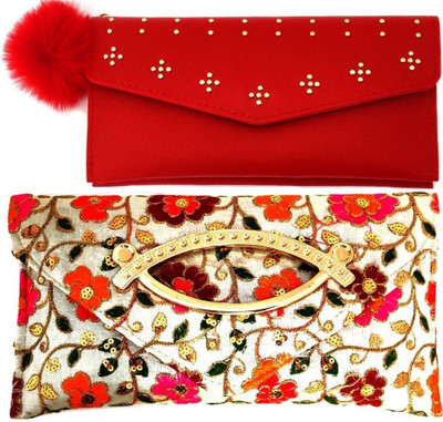 Mahabal Casual, Party, Formal Red, Cream  Clutch(Pack of: 2)
