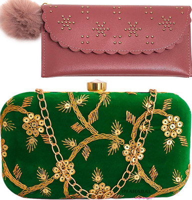 Mahabal Casual, Party, Formal Pink, Green  Clutch(Pack of: 2)