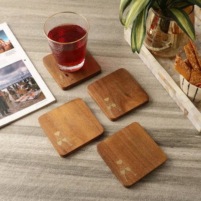 THE DECOR MART Square Wood Coaster Set(Pack of 4)