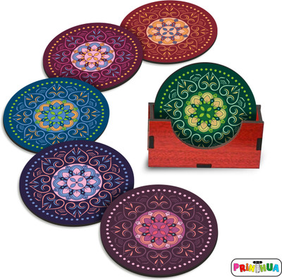 PRINTHUA Round Reversible Wood Coaster Set(Pack of 6)