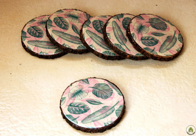 Monstera Hut Round Reversible Wood Coaster Set(Pack of 6)