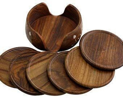 K N HANDICRAFT Round Wood Coaster Set(Pack of 6)