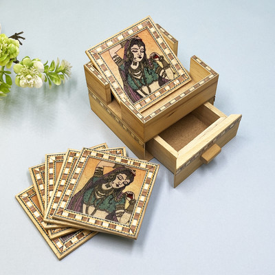 Diwam handicrafts Square Wood Coaster Set(Pack of 6)