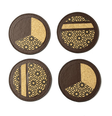 Green Hermitage Round Reversible Leather Coaster Set(Pack of 4)