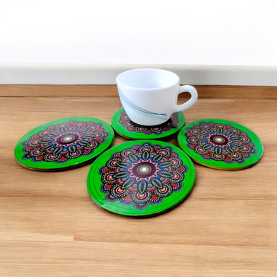 Tresneria Round Reversible Medium Density Fibreboard Coaster Set(Pack of 4)