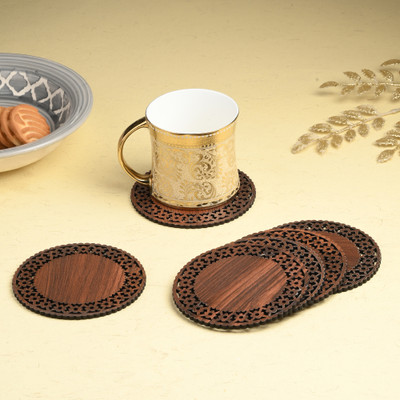 Gojeeva Round Reversible Wood Coaster Set(Pack of 6)