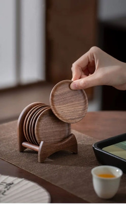 M Y Interrnational Round Reversible Wood Coaster Set(Pack of 6)