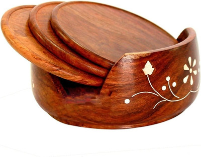 CrystalRoyal Round Reversible Wood Coaster Set(Pack of 6)