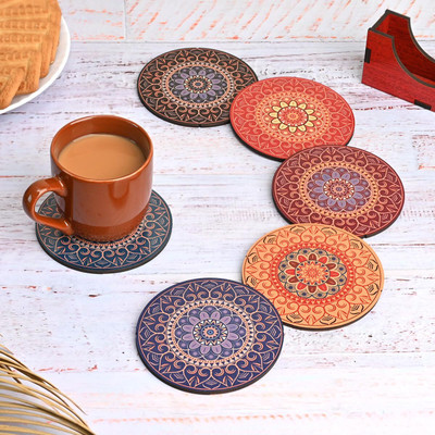 Kaynka Round Reversible Wood Coaster Set(Pack of 6)
