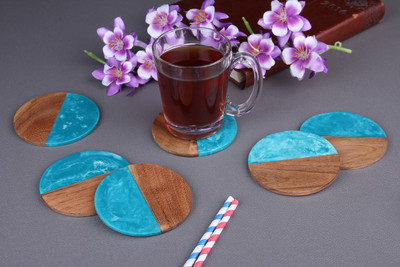Vatsu Craft Round Reversible Wood, Resin Coaster Set(Pack of 6)