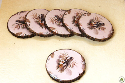 Monstera Hut Round Reversible Wood Coaster Set(Pack of 6)