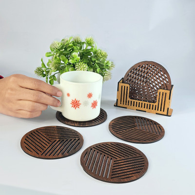 Bnezz Round Reversible Wood Coaster Set(Pack of 6)