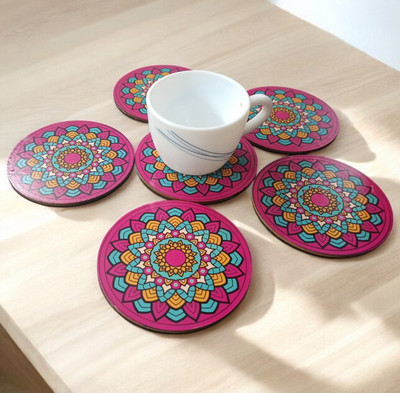 Maefele Round Reversible Medium Density Fibreboard Coaster Set(Pack of 6)