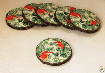 Monstera Hut Round Reversible Wood Coaster Set(Pack of 6)