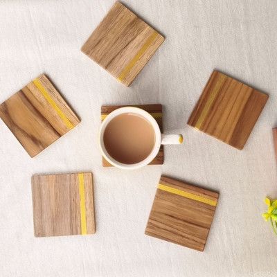 ALFKURT Square Reversible Wood Coaster Set(Pack of 6)