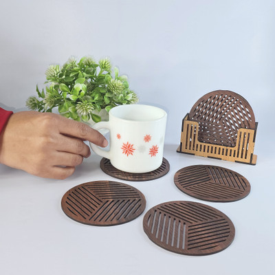 WallDaddy Round Reversible Wood Coaster Set(Pack of 6)