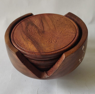 Unique handicraft collection Round Reversible Wood Coaster Set(Pack of 6)
