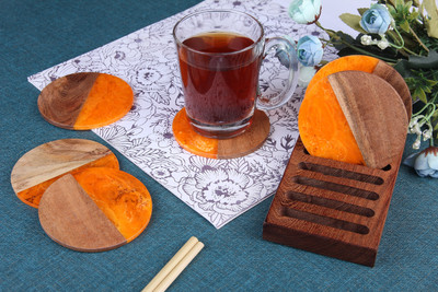 Vatsin Round Reversible Wood, Resin Coaster Set(Pack of 6)