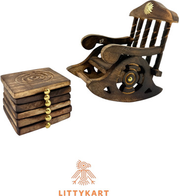 Littykart Square Reversible Wood Coaster Set(Pack of 6)