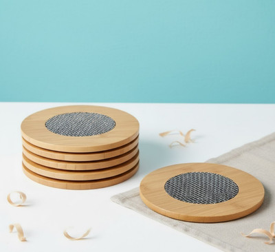 VETMOC Round Reversible Bamboo Coaster Set(Pack of 6)