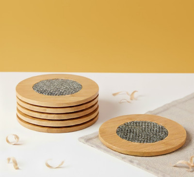 KRIVAZ Round Reversible Bamboo Coaster Set(Pack of 6)