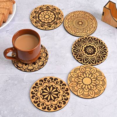 APS Art Plus Store Round Reversible Wood Coaster Set(Pack of 6)