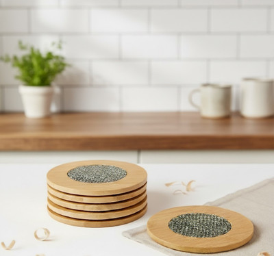 VETMOC Round Reversible Bamboo Coaster Set(Pack of 6)