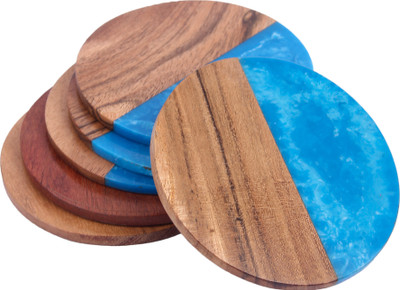 Vatsin Round Reversible Wood, Resin Coaster Set(Pack of 6)