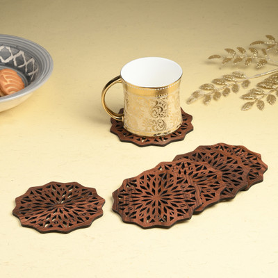 Gojeeva Round Reversible Wood Coaster Set(Pack of 6)